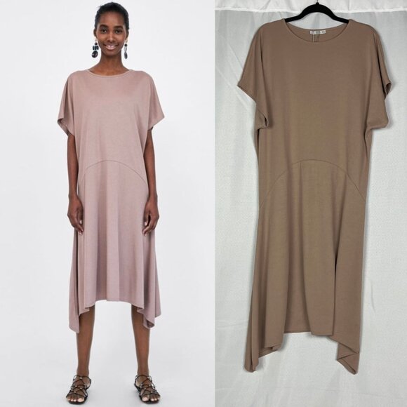 Zara Dresses & Skirts - NWT Zara Minimalist Oversized T-Shirt Boho Dress Brown Taupe Small Midi 7568 029